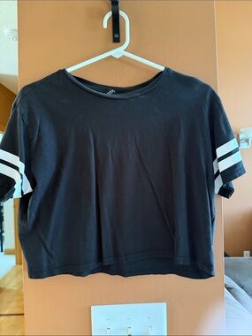 Black Crop Tee with White Sleeve Stripes - Women